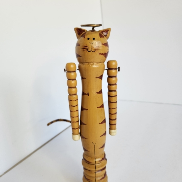 Vintage Folk Art Cat Angel Wood Moving Arms 9.5" Hand-crafted Cat Lady Decor - Picture 2 of 9